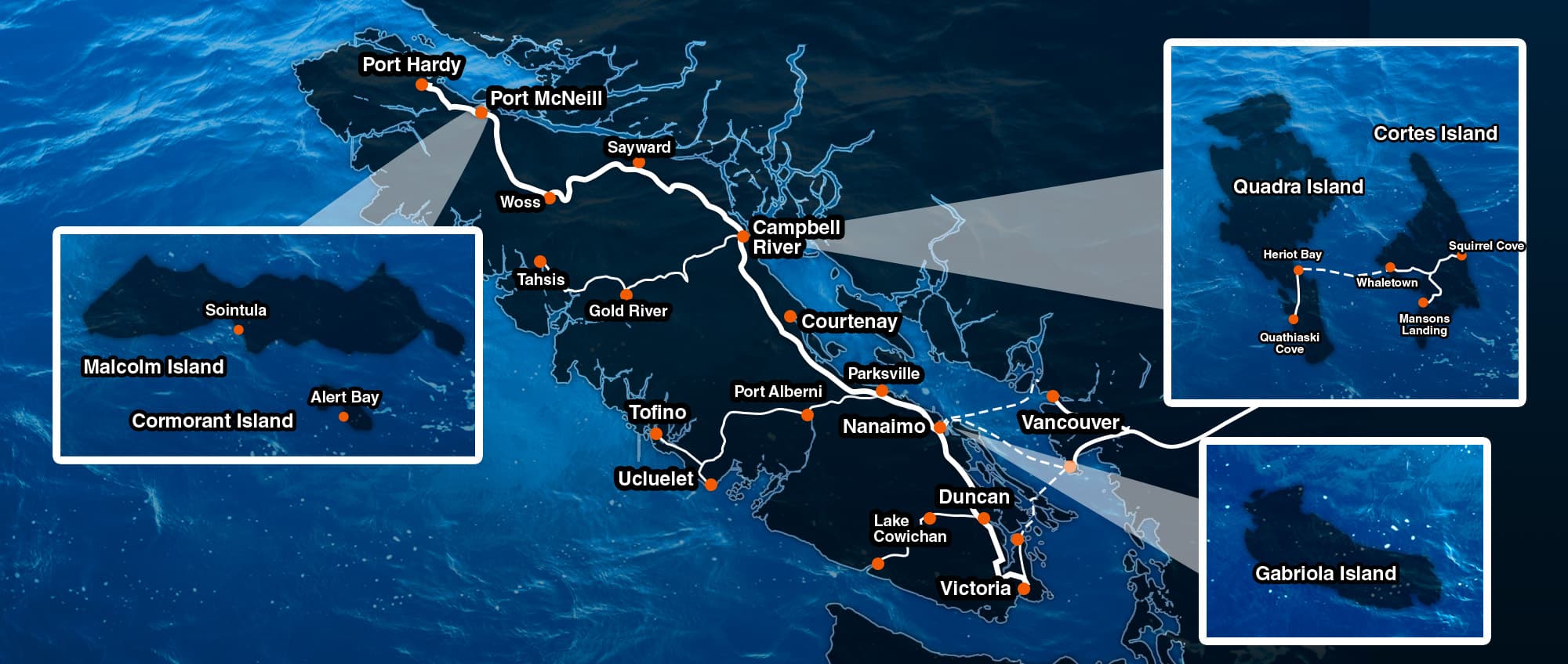 ANW Trucking service area map covering Vancouver Island, Lower Mainland, and all of British Columbia